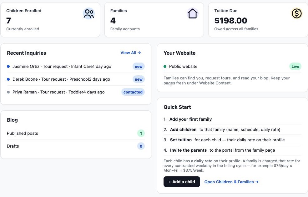 The DaycareSuite dashboard: children enrolled, tuition due, and new tour inquiries at a glance