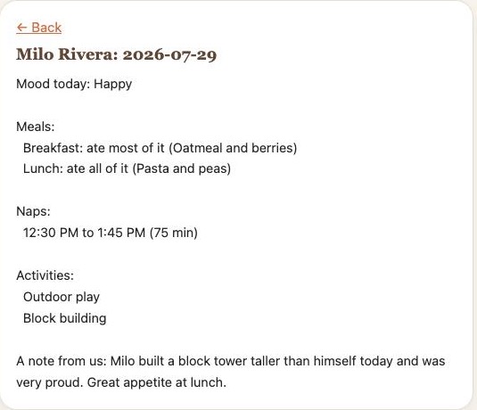 Milo's daily report: mood, meals, nap, activities, and a note from the teacher