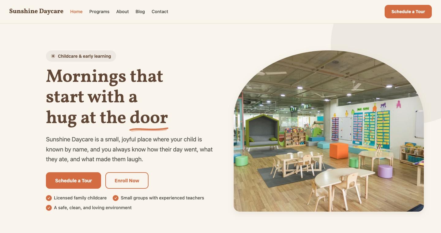 Sunshine Daycare, a real website built on the platform, with a Schedule a Tour button